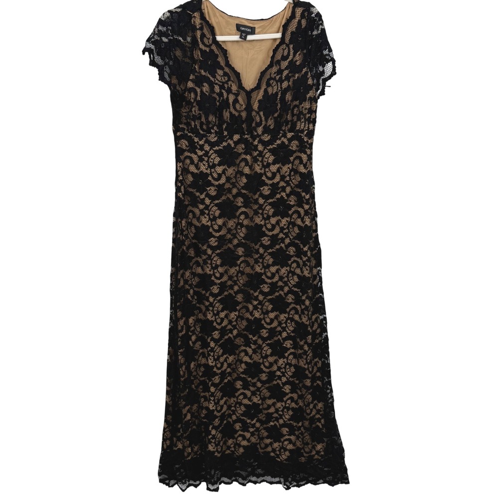 Karen Kane Black Floral Lace V-Neck Midi Dress Short Sleeve Tan Lining XL USA
